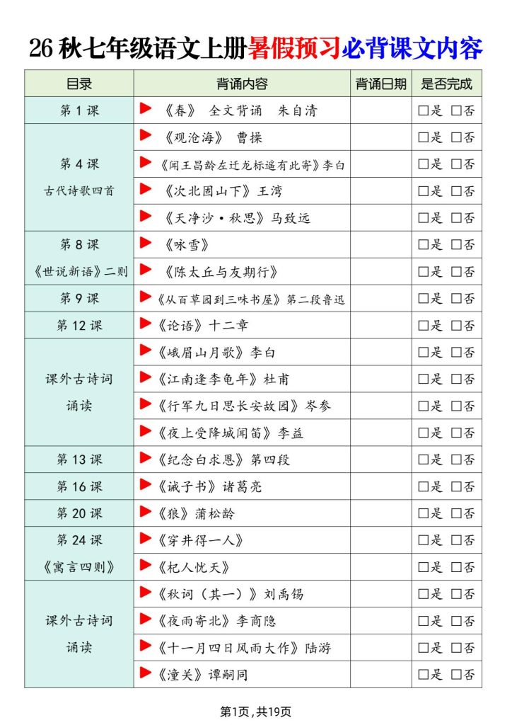 统编版七年级语文上册必背古诗词与文言文全汇总（原文+翻译+考点）