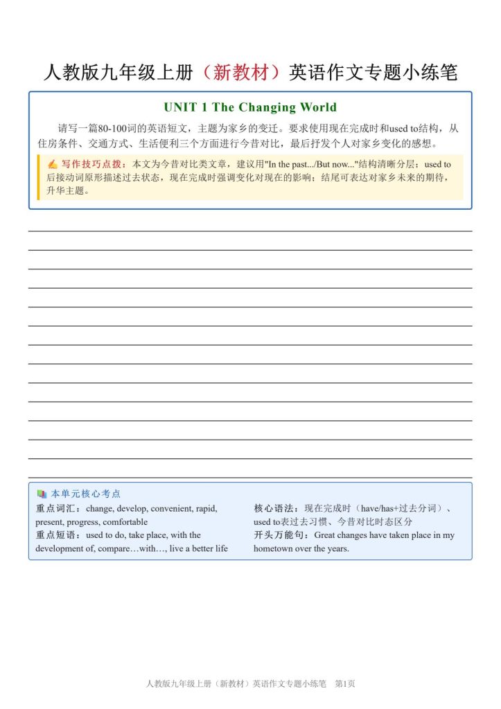 新人教九年级上册英语作文练笔小纸条
