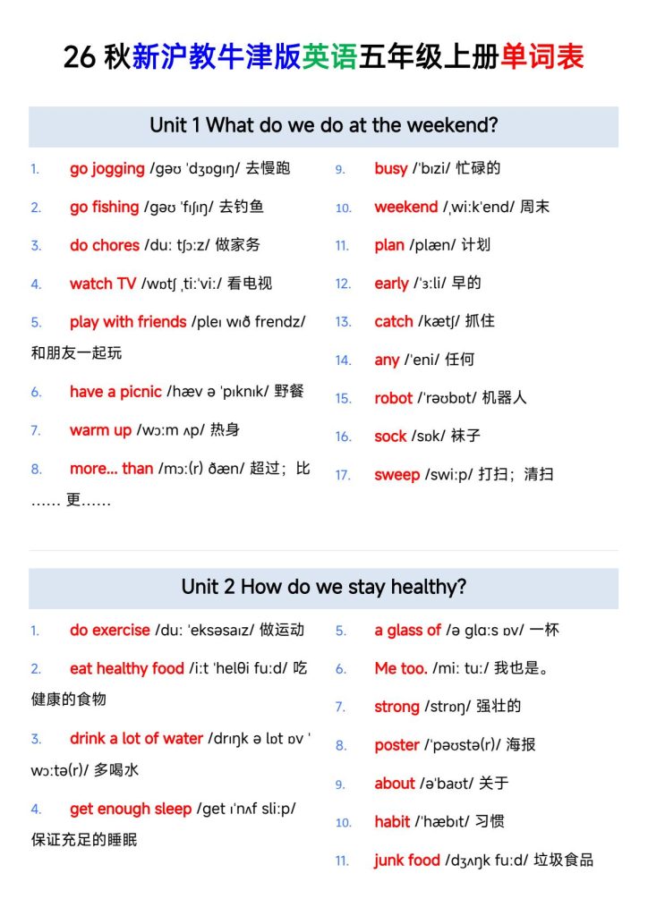 26秋沪教版五年级上册英语全册单词表｜含音标+默写版，可打印